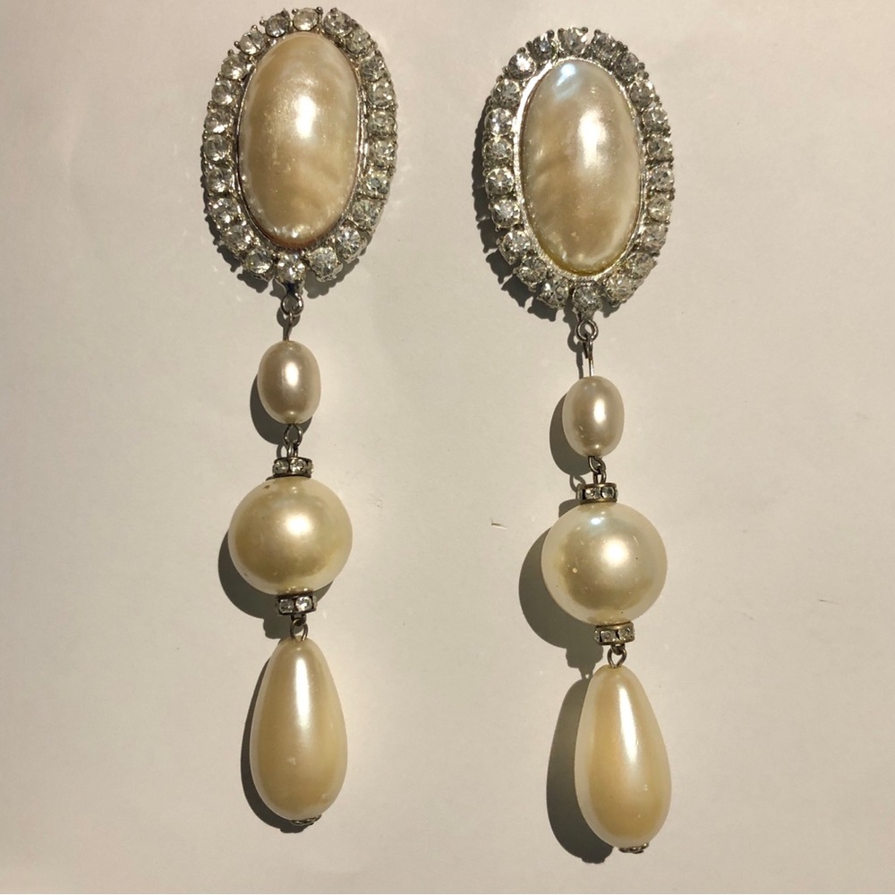 Lawrence Vrba Faux Pearl Crystal Long Drop Clip Earrings